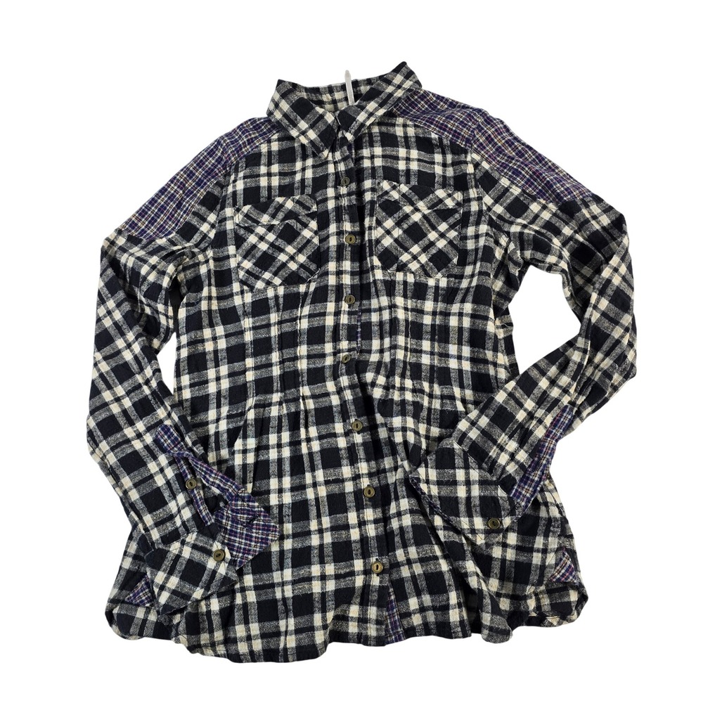 Free‎ People Plaid Button Down Shirt Black Cream Purple XS Long Sleeve Flannel